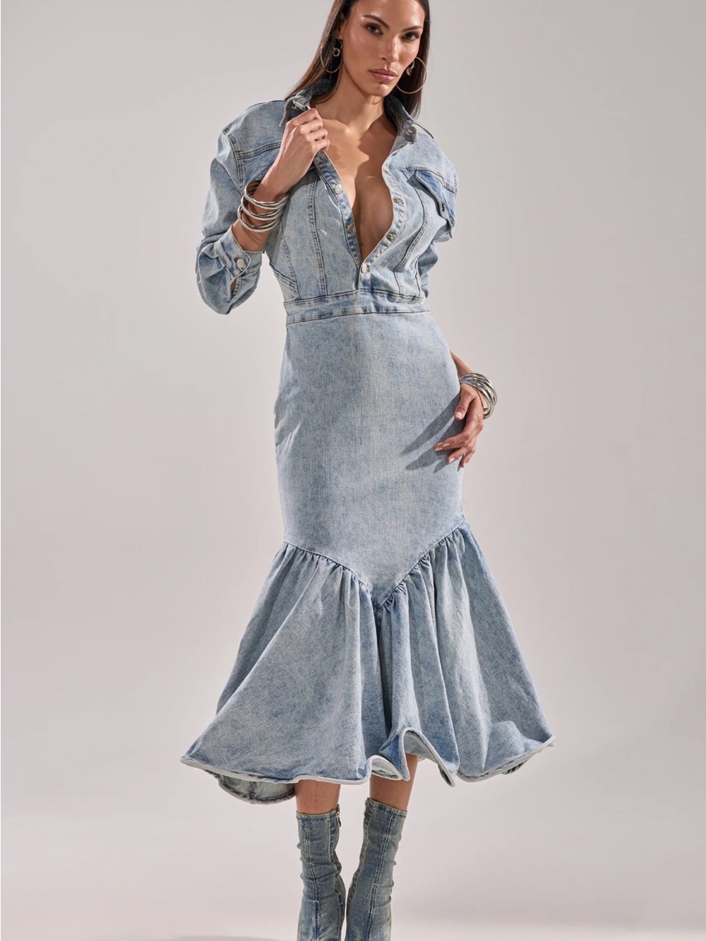 AKIRA Light Wash Denim Mermaid Midi Dress - Light Blue